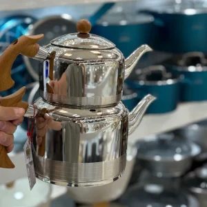 کتری قوری استیل لوله ایی دسته چوبی استوانه